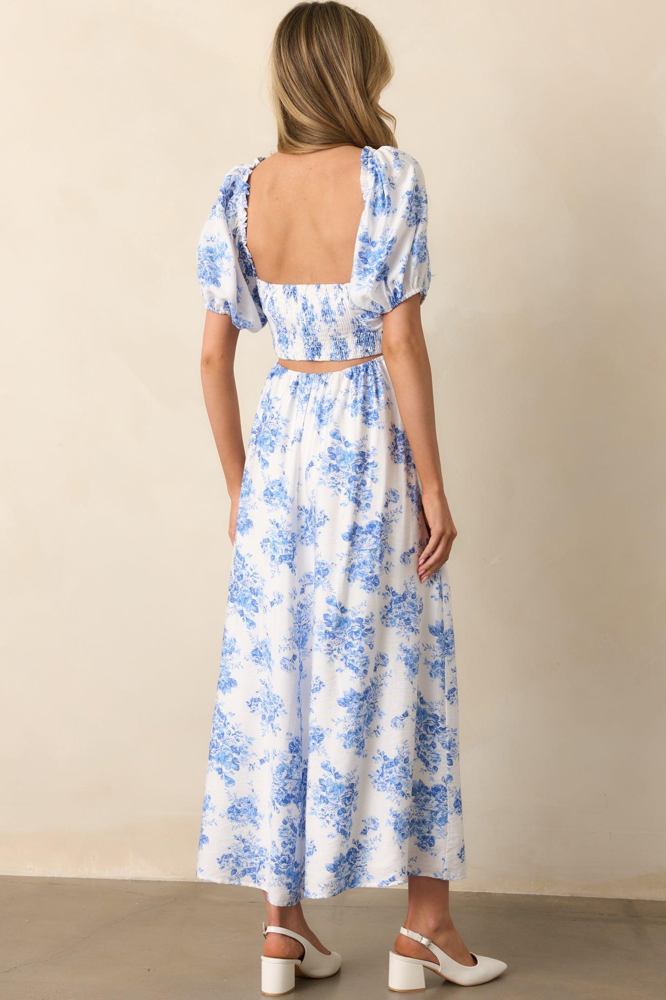 For The Dreamers Blue Floral Puff Sleeve Maxi Dress Product Image