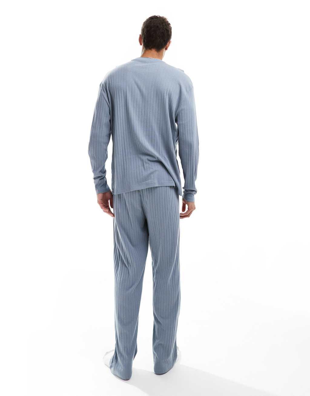 ASOS DESIGN rib lounge set with long sleeve t-shirt and bottoms in blue Product Image