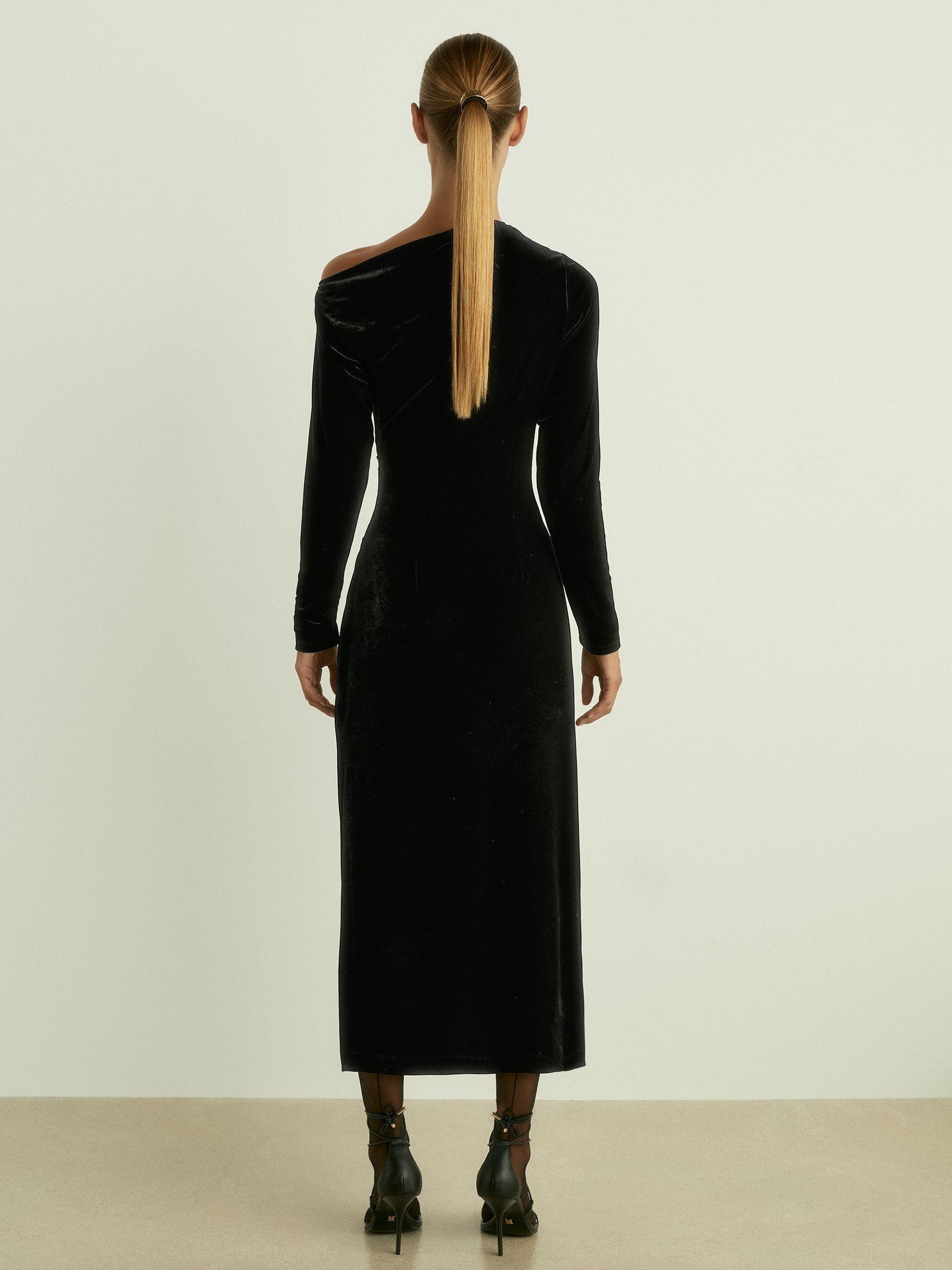 Off-the-Shoulder Velvet Dress in Black Product Image