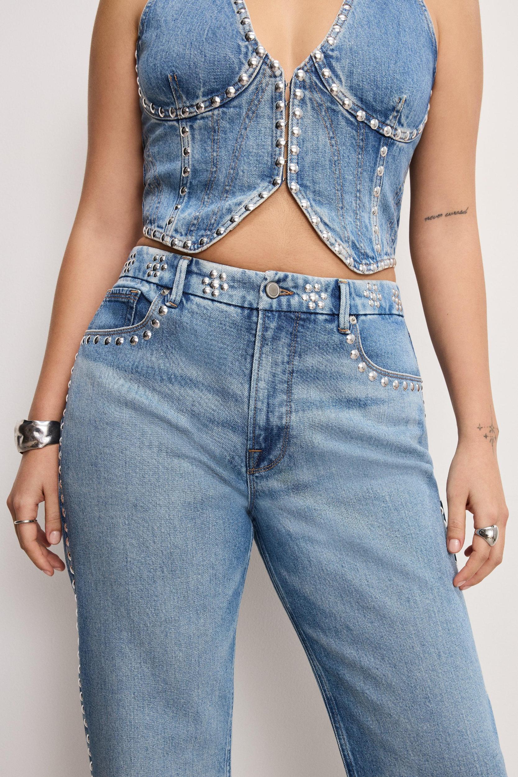 GOOD ICON STUDDED STRAIGHT JEANS | INDIGO895 Product Image