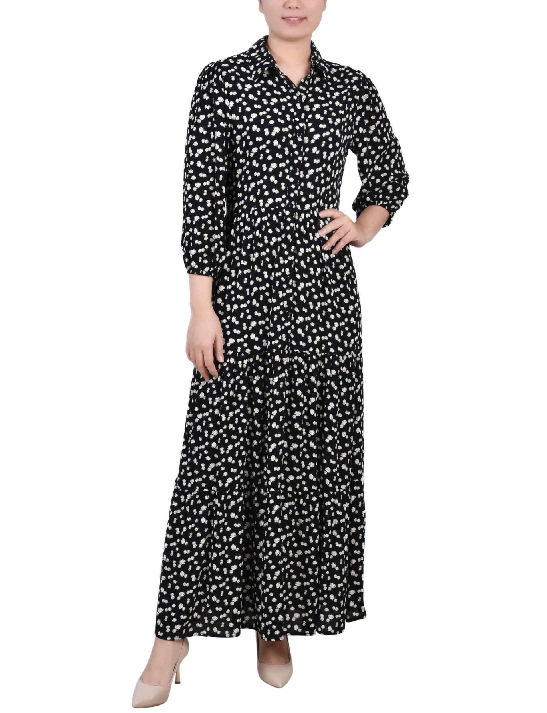Black White Disty Floral 3/4 Sleeve Crinkle Tiered Maxi Dress - Petite Product Image