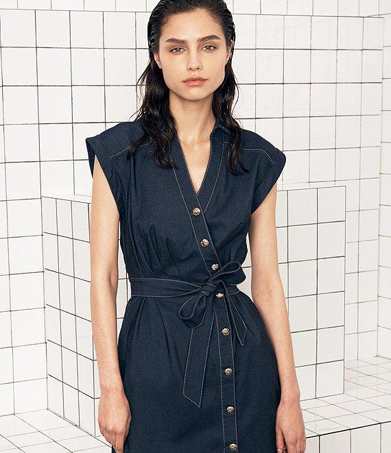 KARL LAGERFELD PARIS Stretch Denim Johnny Collar Cap Sleeve Belted Button Front Shirt Dress Product Image