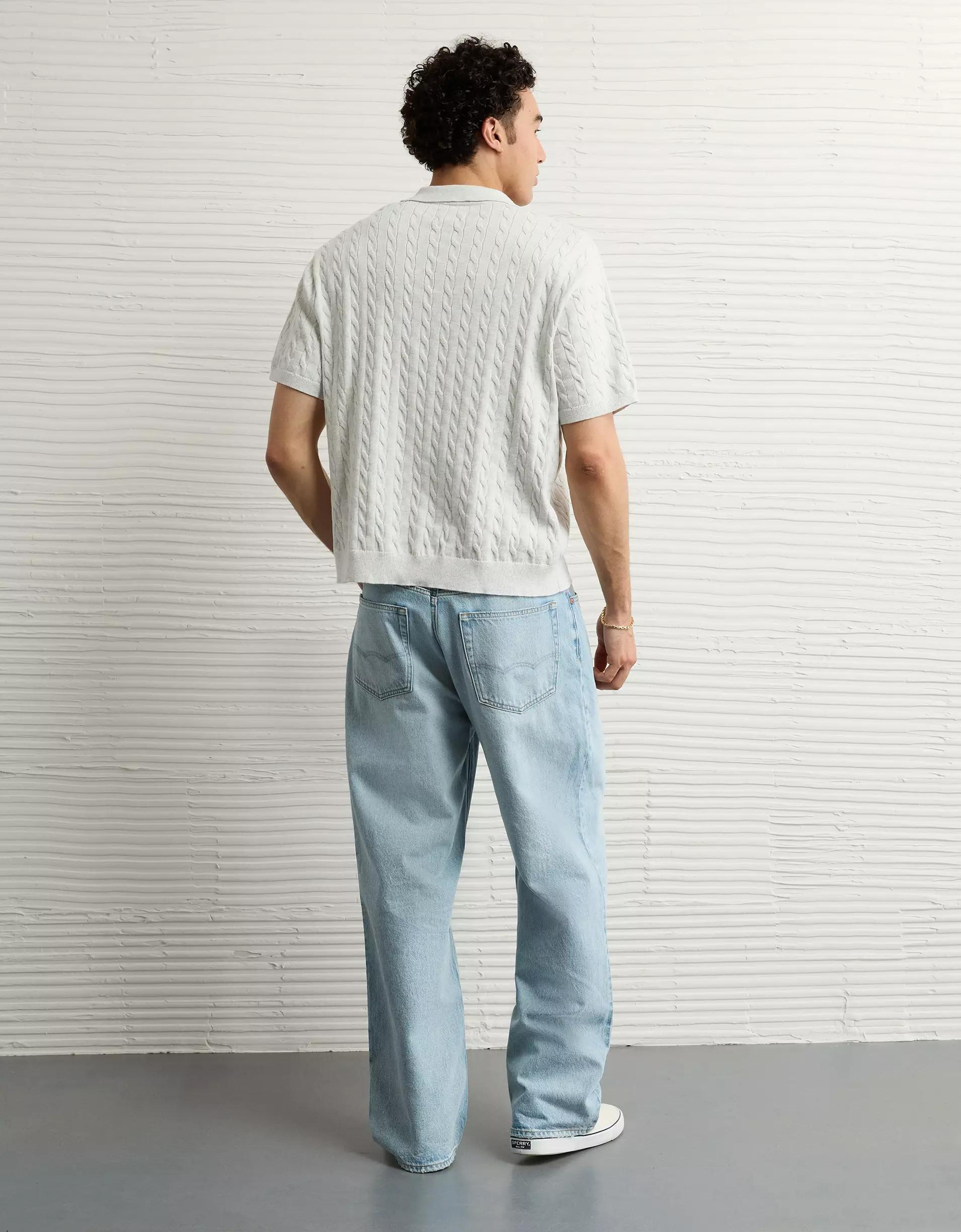 AE Weekend Cable Knit Button-Up Sweater Polo Shirt Product Image