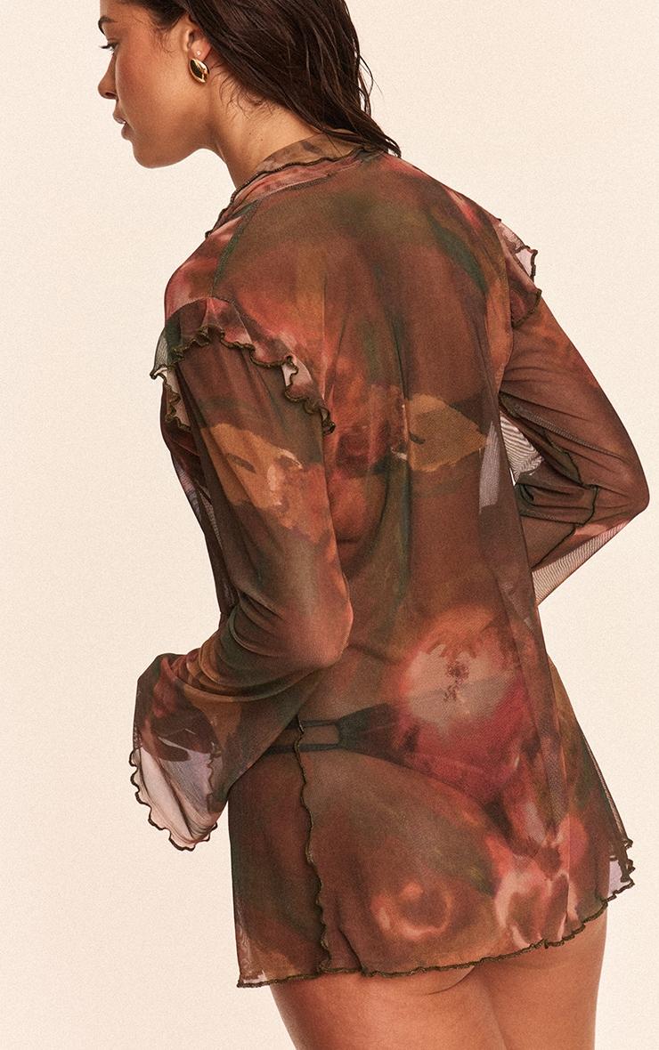 Multi Water Color Print Mesh Frilly Tie Front Beach Top Product Image