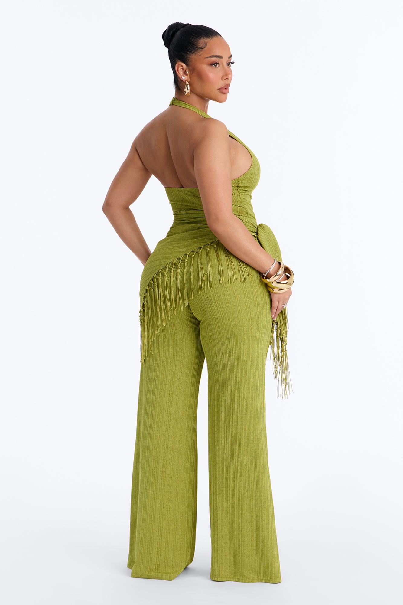 Too Chic Jumpsuit And Waist Scarf Set - Chartreuse Female Product Image