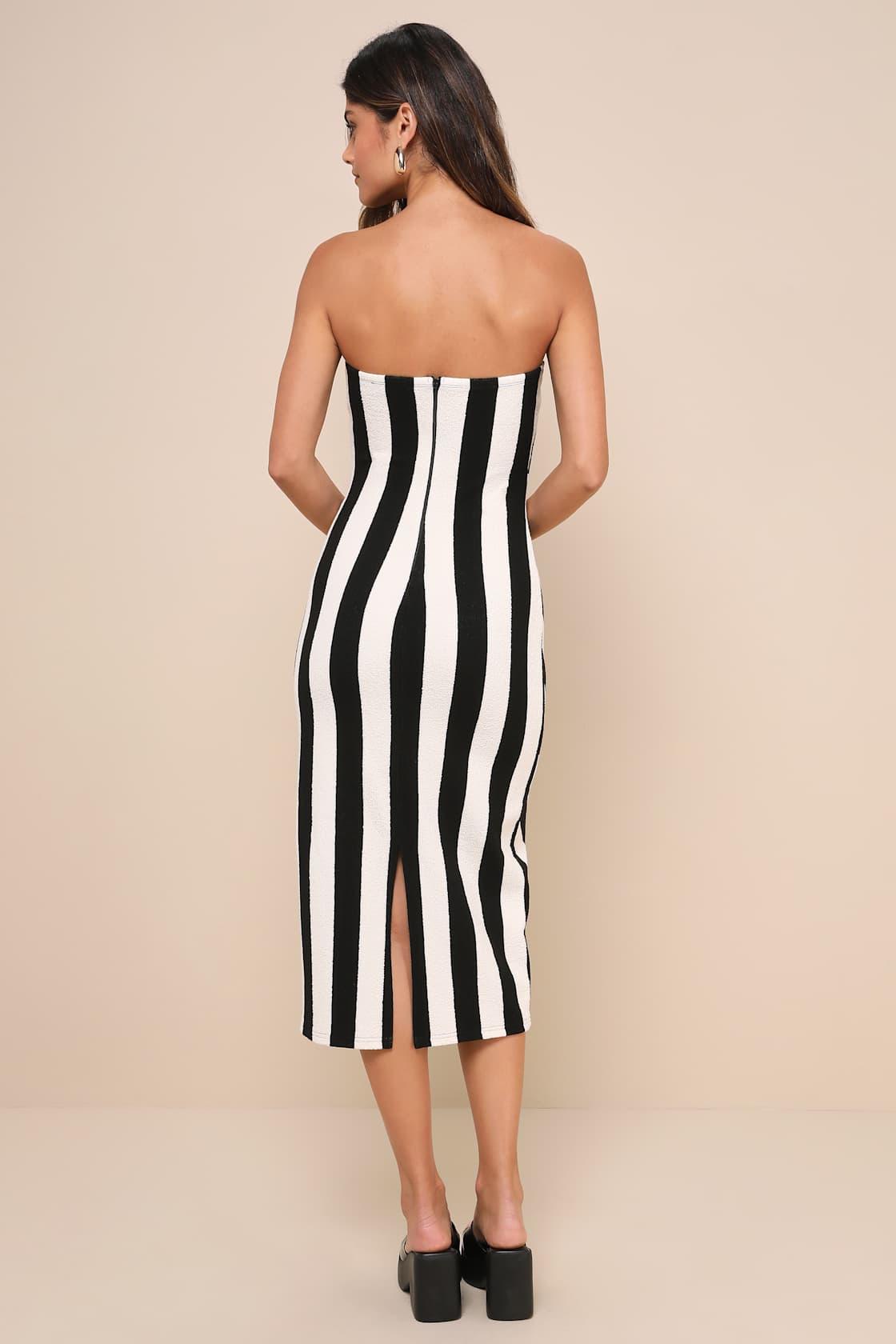 Captivating Choice Black and Ivory Striped Strapless Midi Dress Product Image