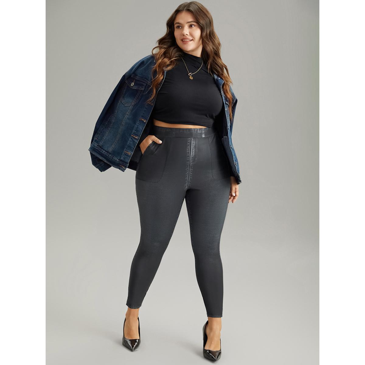 Plus Size Denim Effect Print Pocket Leggings Women Black Casual High stretch Skinny High Rise Dailywear Leggings BloomChic 28/5X Product Image