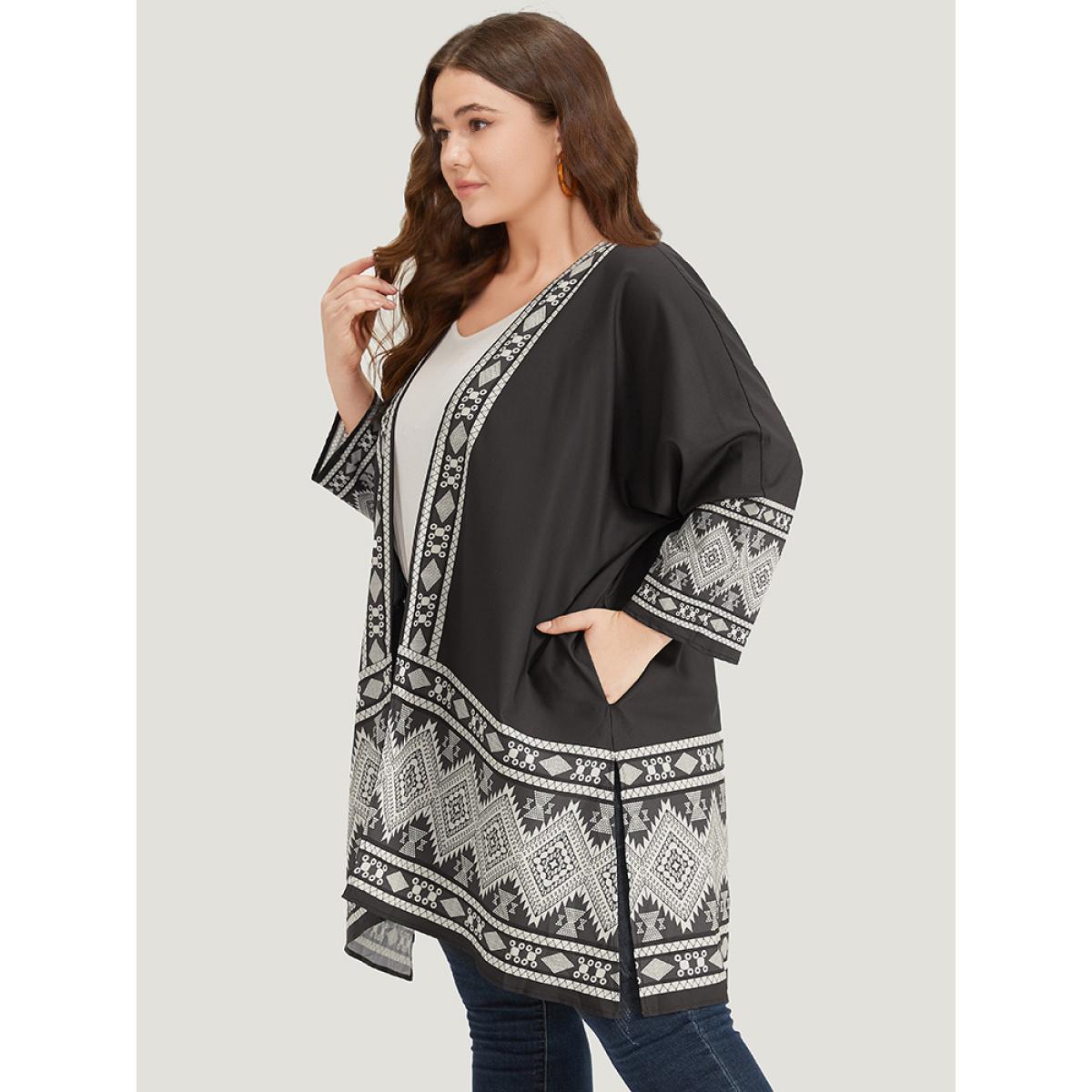 Plus Size Boho Print Open Front Pocket Split Hem Kimono Women Black Casual Printed Loose Pocket Dailywear Kimonos BloomChic 30/6X Product Image