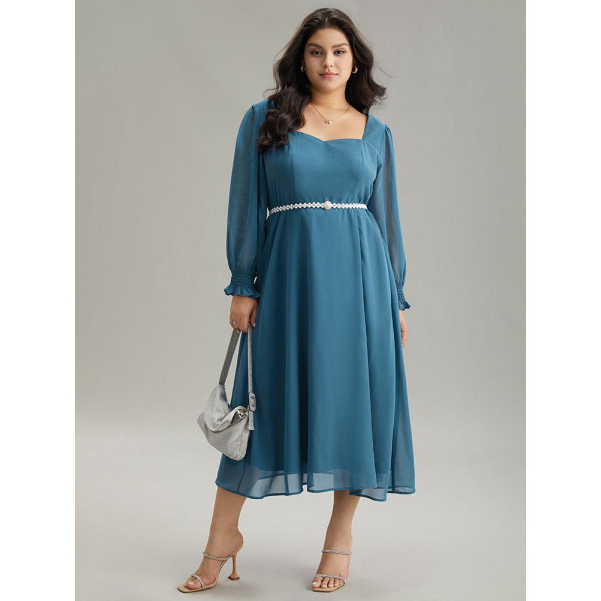 Plus Size Chiffon Square Neck Shirred Lantern Sleeve Split Hem Dress Aegean Women Glamour Plain Square Neck Long Sleeve Curvy Midi Dress BloomChic 18-20/2X Product Image
