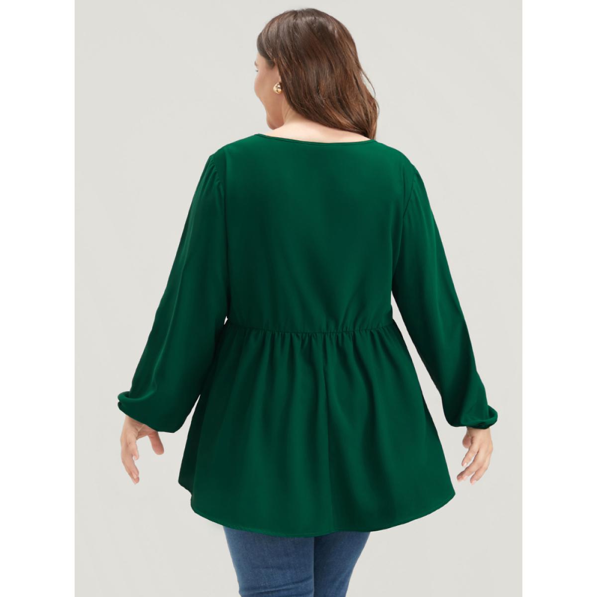 Plus Size DarkGreen Solid Lantern Sleeve High Low Hem Flutter Blouse Women Elegant Long Sleeve Round Neck Dailywear Blouses BloomChic 18-20/2X Product Image