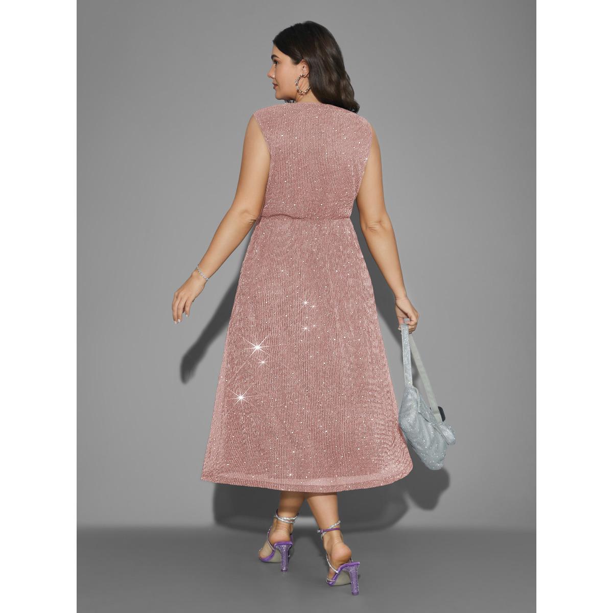 Plus Size Sequin Surplice Neckline Sleeveless Midi Dress Beanpastepowder Women Cocktail Texture Party Curvy Bloomchic 28/5X Product Image