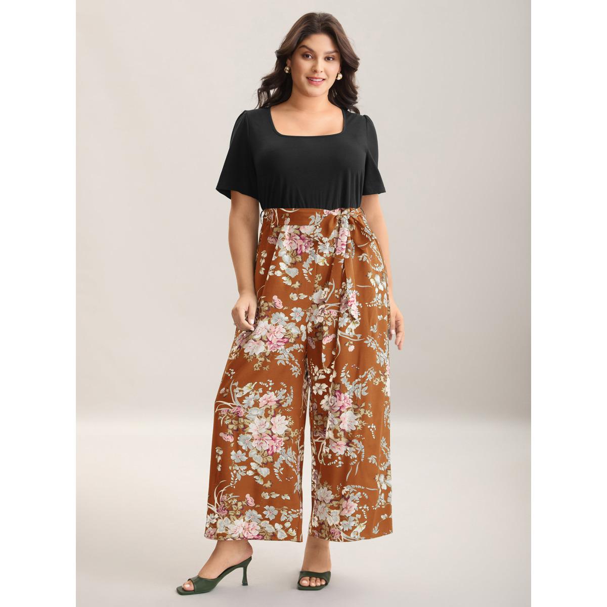 Plus Size Rust Color Contrast Belted Panel Pockets Jumpsuit Women Timeless Short sleeve Square Neck Elegant Loose Jumpsuits BloomChic 10/M Product Image