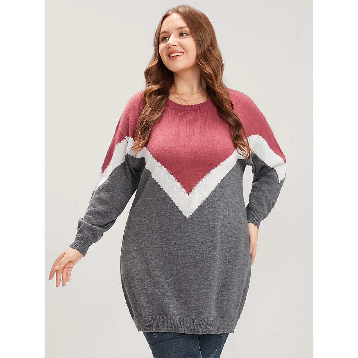 Plus Size Colorblock Contrast Pointelle Knit Round Neck Mid Long Knit Top Burgundy Women Casual Loose Long Sleeve Round Neck Everyday Pullovers BloomChic 26/4X Product Image