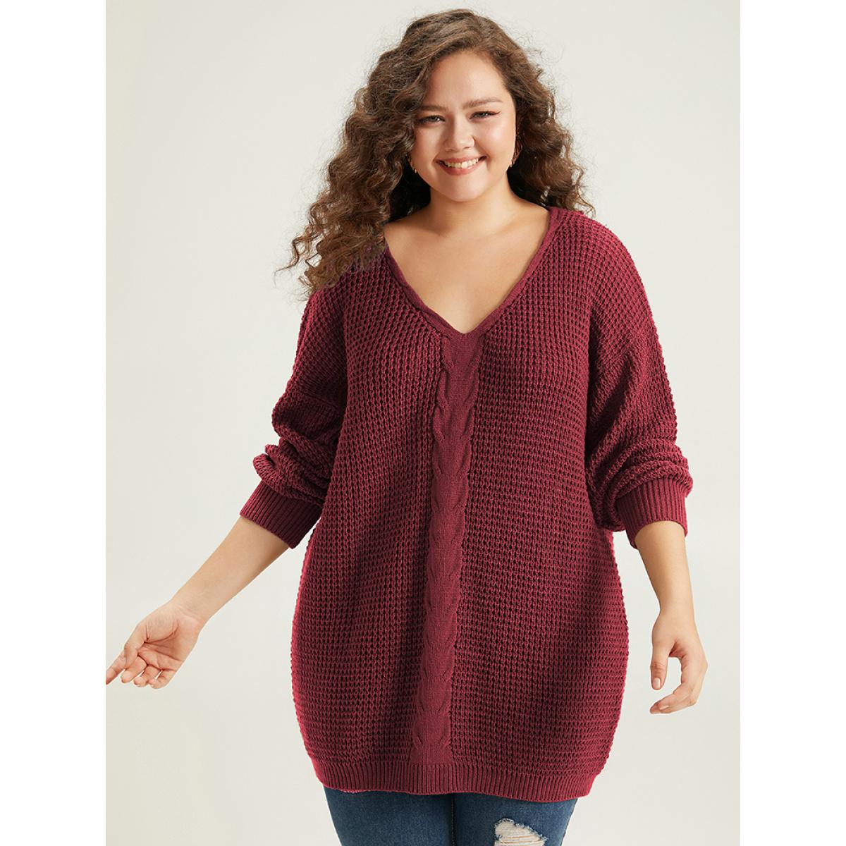 Plus Size Cable Knit Plain Elastic Cuffs Pullover Burgundy Women Casual Loose Long Sleeve V-neck Dailywear Pullovers BloomChic 10/M Product Image