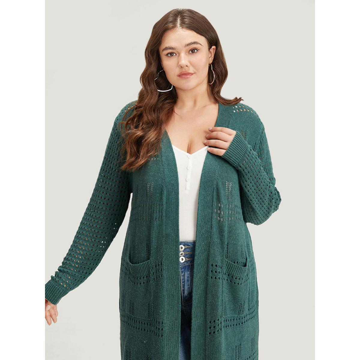 Plus Size Solid Split Side Open Front Maxi Cardigan Emerald Women Casual Loose Long Sleeve Dailywear Cardigans BloomChic 28/5X Product Image