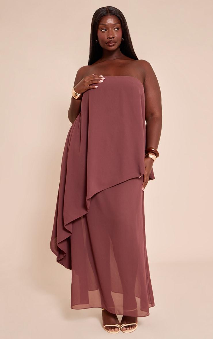 Plus Chocolate Chiffon Bandeau Overlay Maxi Dress Product Image