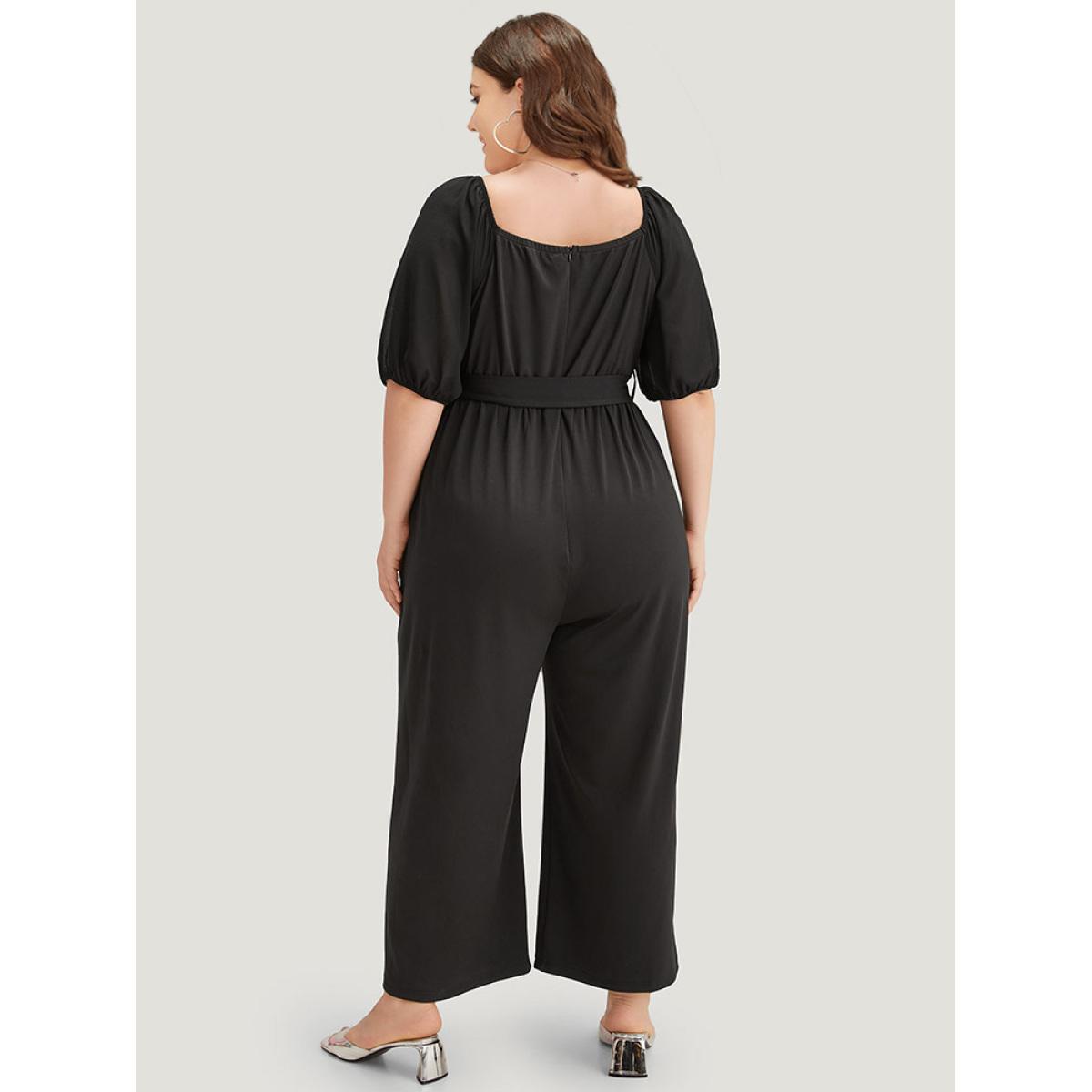 Plus Size Black Plain Square Neck Pocket Belted Zipper Jumpsuit Women Elegant Short sleeve Square Neck Dailywear Loose Jumpsuits BloomChic 10/M Product Image