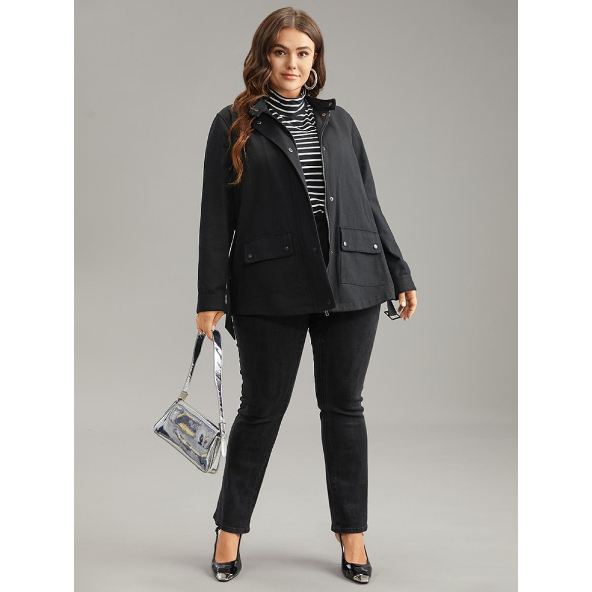 Plus Size Cotton Solid Belted Flap Pocket Coat Women Black Casual Plain Ladies Dailywear Winter Coats BloomChic 14-16/1X Product Image