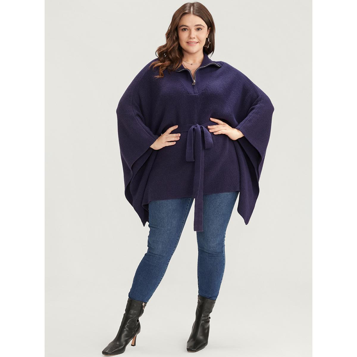 Plus Size Soft Pointelle Knit Dolman Sleeve Belted Zipper Knit Top Eggplant Women Casual Loose Cap Sleeve Mock Neck Dailywear Pullovers BloomChic 26/4X Product Image