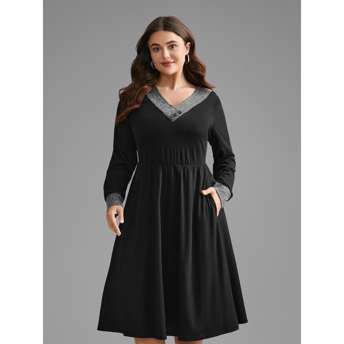 Plus Size Textured Patchwork Button Detail Midi Dress DimGray Women Casual Contrast V-neck Long Sleeve Curvy BloomChic 18-20/2X Product Image