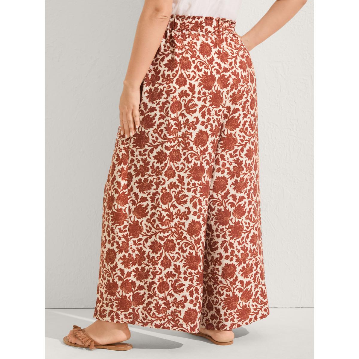 Plus Size Boho Overlap Slit Belted Wide-Leg Pants Women Rust Boho Loose Mid Rise Vacation Pants BloomChic 22-24/3X Product Image