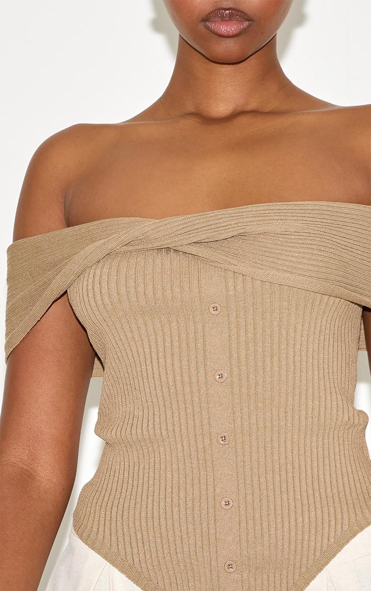 Taupe Rib Knit Twist Bardot Button Through Top Product Image