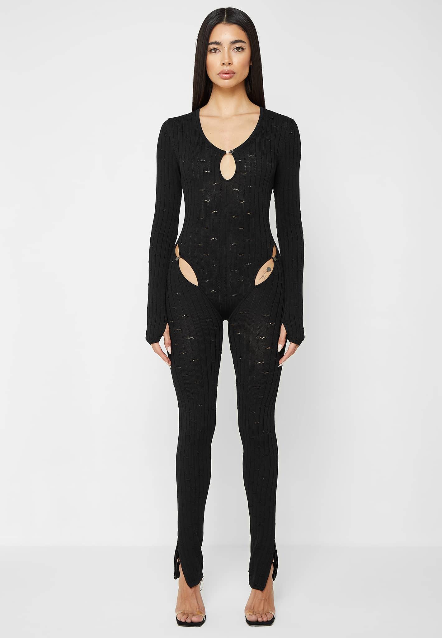 Distressed Knitted Cut Out Jumpsuit - Black Female Product Image