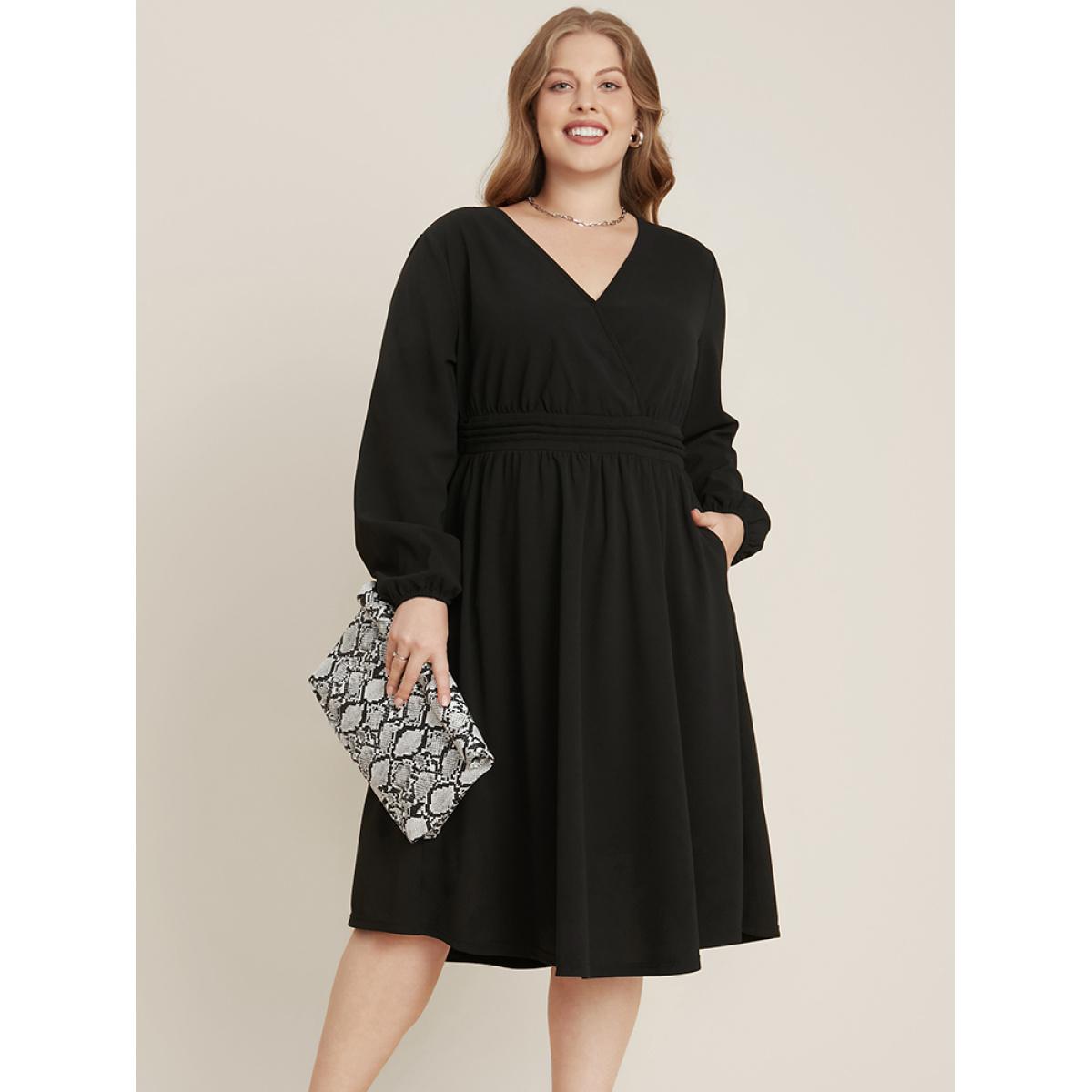 Plus Size Solid Surplice Neck Pocket Pleated Flutter Dress Black Women Office Plain V-neck Long Sleeve Curvy Midi Dress BloomChic 10/M Product Image