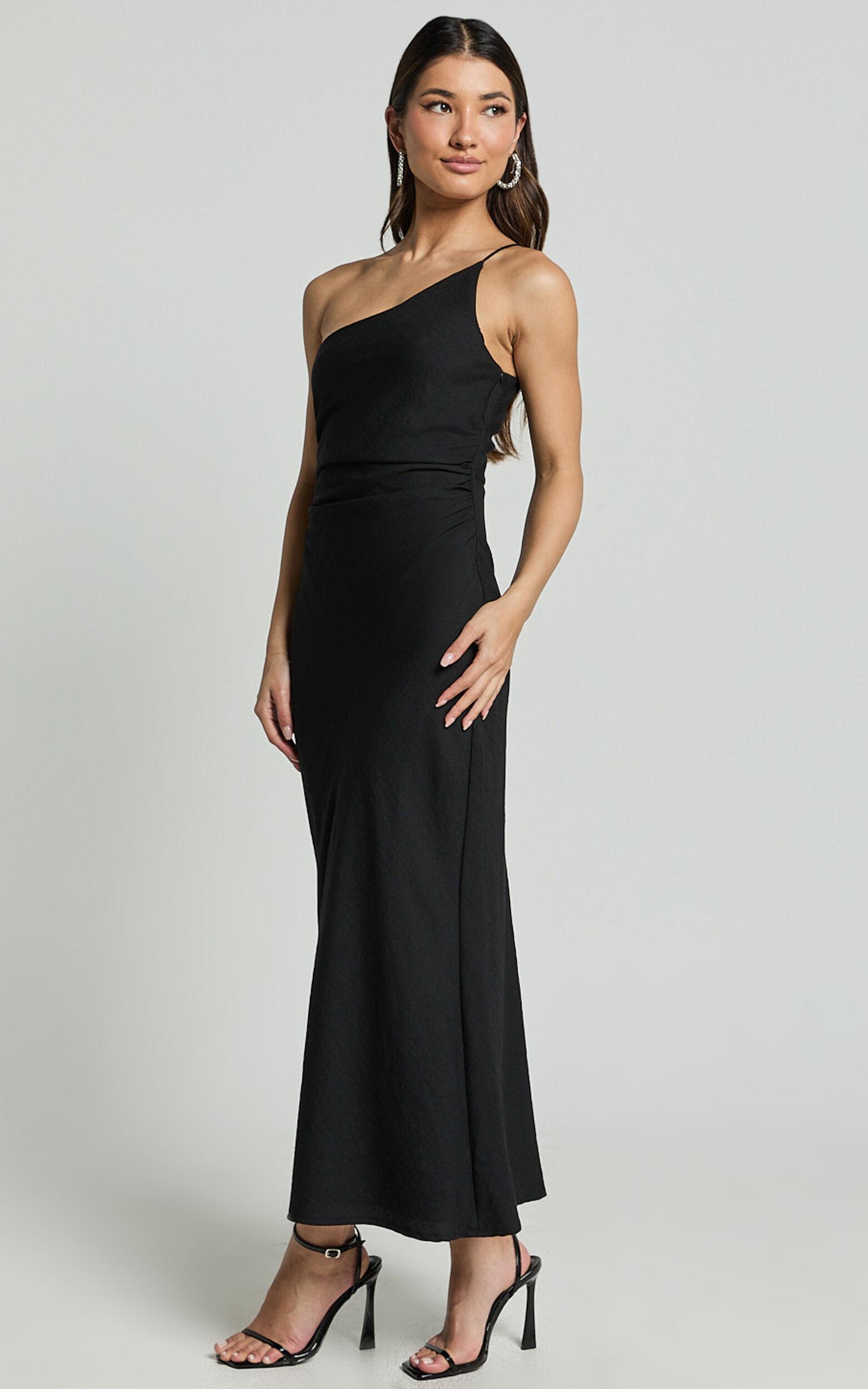 Devon Maxi Dress - One Shoulder Slip Dress in Black Product Image