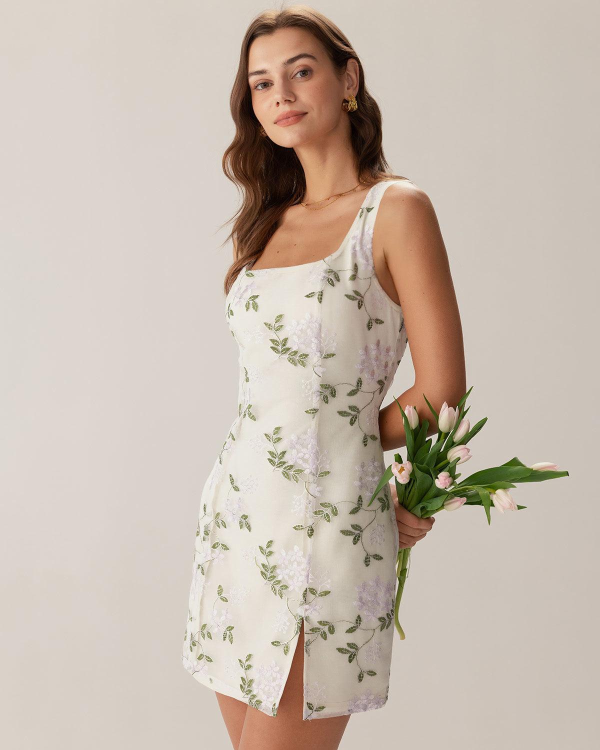 Beige Square Neck Embroidery Slit Slip Mini Dress Product Image