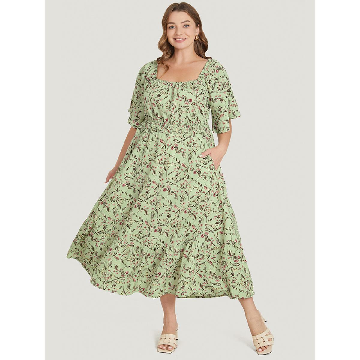 Plus Size Ditsy Floral Pocket Square Neck Shirred Ruffles Dress LightGreen Women Elegant Non Square Neck Short sleeve Curvy Midi Dress BloomChic 28/5X Product Image