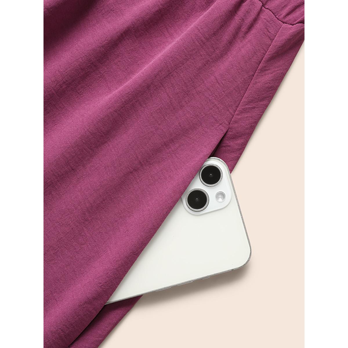 Plus Size Solid Ruffle Trim V Neck Pocket Pleated Front Dress RedViolet Women Elegant Pleated V-neck Cap Sleeve Curvy Midi Dress BloomChic 30/6X Product Image