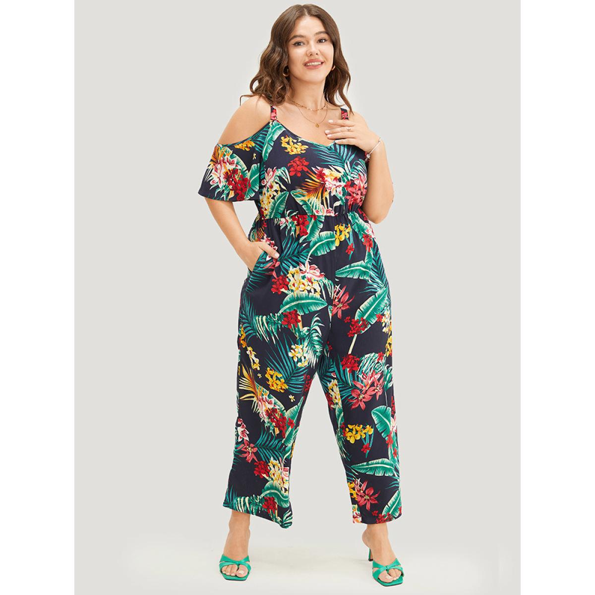 Plus Size Navy Tropical Print Pocket Cold Shoulder Jumpsuit Women Vacation Short sleeve Cold Shoulder Dailywear Loose Jumpsuits BloomChic 12/L Product Image
