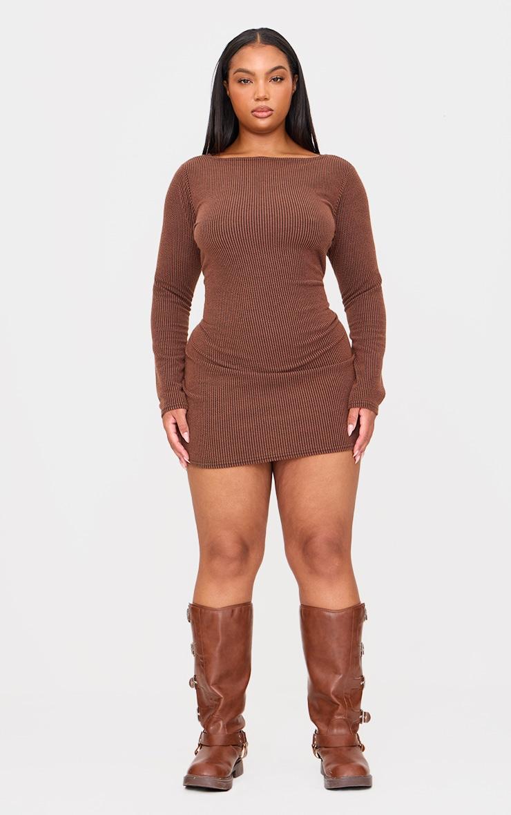 Plus Chocolate Slash Neck Long Sleeve Ribbed Mini Dress Product Image