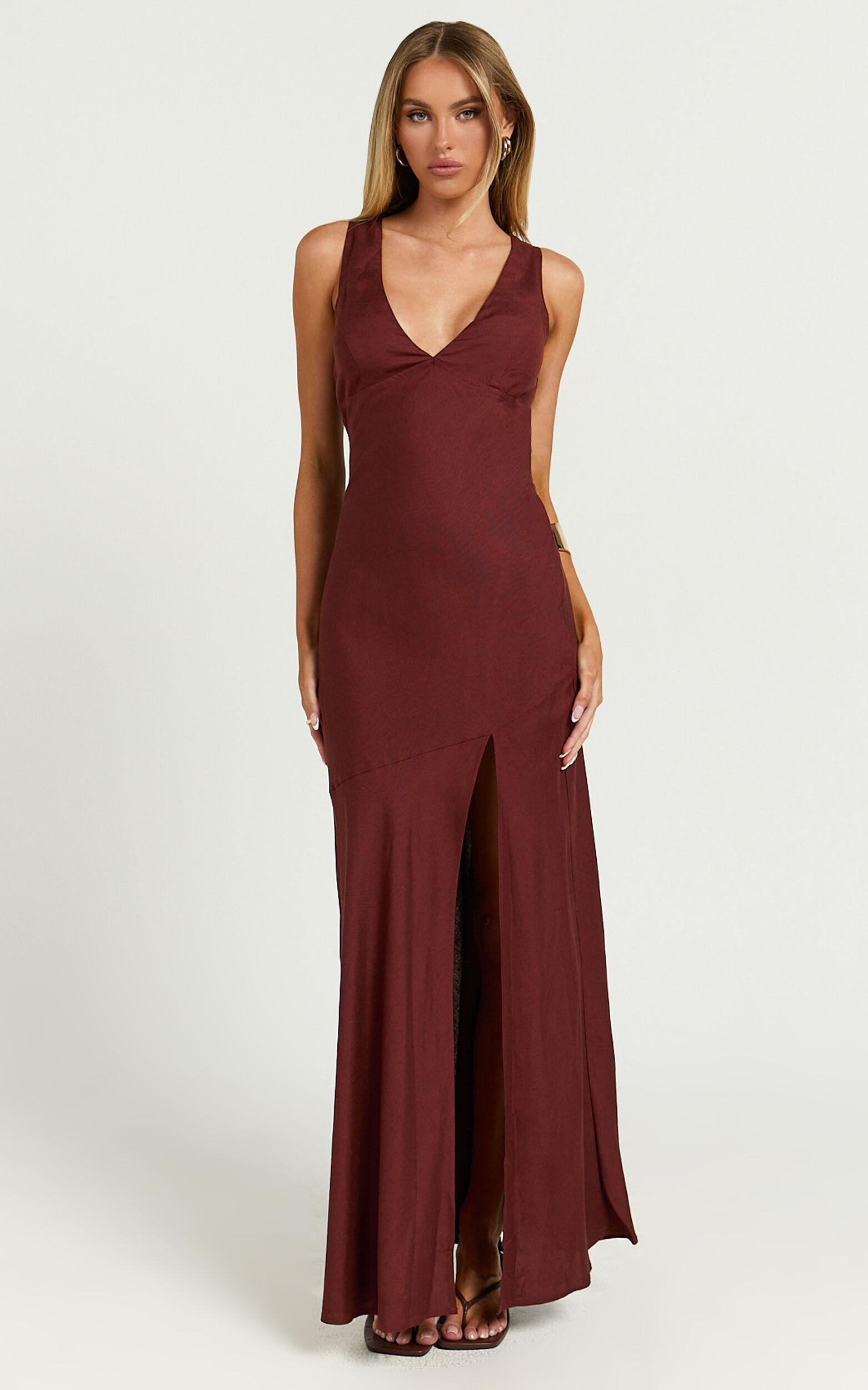 Adalita Midi Linen Blend Dress - V Neck Cowl Back Bias Cut Dress in Chocolate Product Image