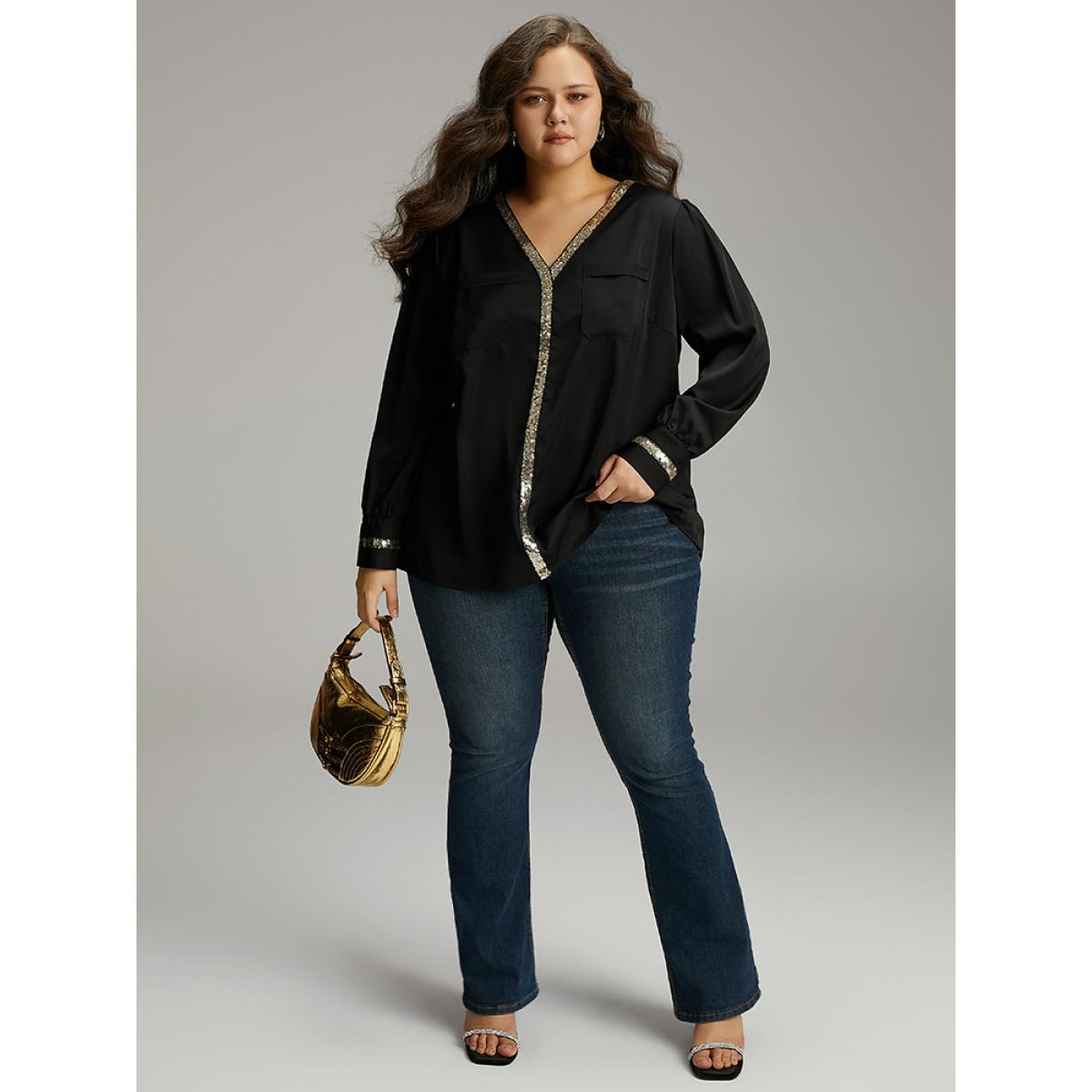 Plus Size Black Sequin Patchwork V Neck Blouse Women Glamour Long Sleeve V-neck Party Blouses BloomChic 28/5X Product Image