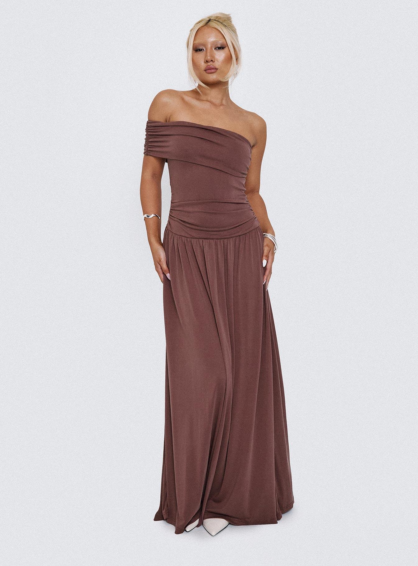 Decadence Strapless Maxi Dress Brown Product Image