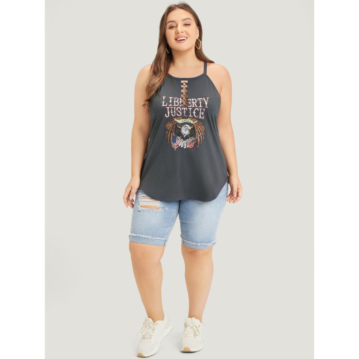 Plus Size Eagle & Letter Print Halter Metal Detail Cut Out Cami Top Women DimGray Casual Arc Hem Dailywear Tank Tops Camis BloomChic 14-16/1X Product Image