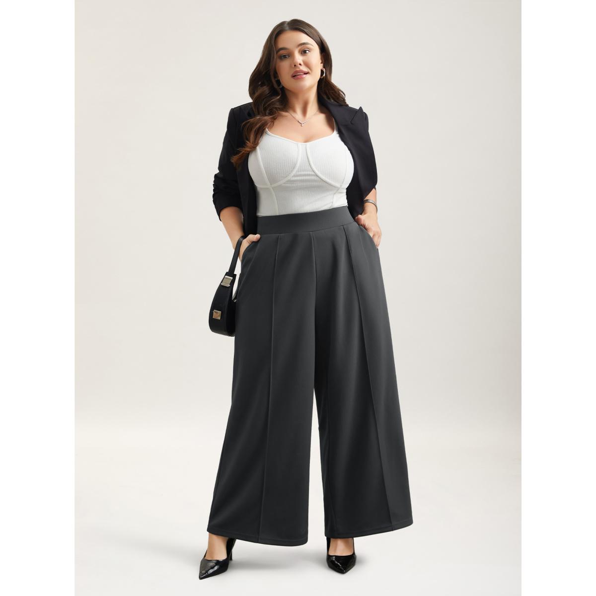 Plus Size Ruched Tummy-Control Seamed Wide Leg Pants Women DimGray At the Office Wide Leg Mid Rise Work Pants BloomChic 14-16/1X Product Image