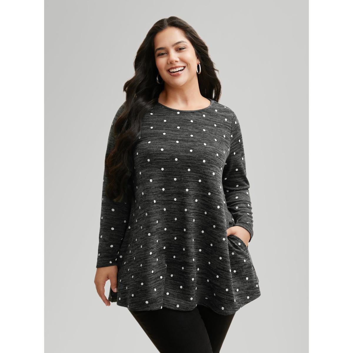 Plus Size Heather Polka Dot Pocket T-shirt DimGray Women Casual Non Round Neck Loose Everyday T-shirts BloomChic 22-24/3X Product Image