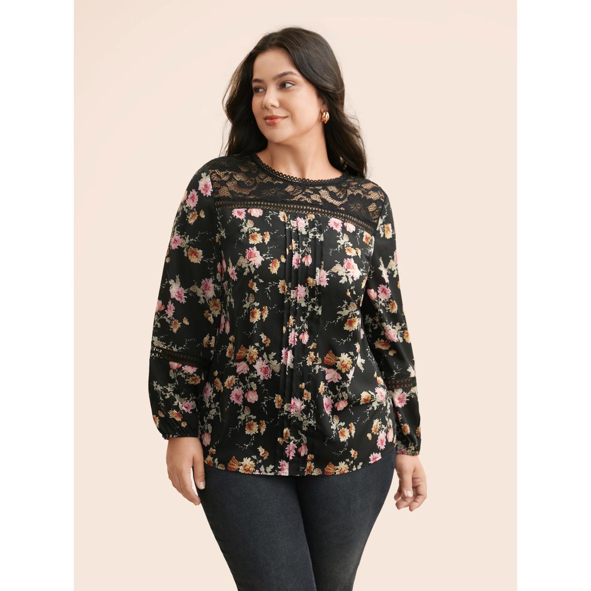Plus Size Black Floral Lace Panel Lantern Sleeve Blouse Women Elegant Long Sleeve Round Neck Everyday Blouses BloomChic 28/5X Product Image