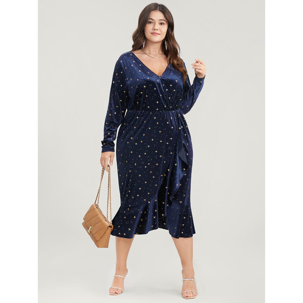 Plus Size Star Print Wrap Ruffle Trim Velvet Midi Dress Indigo Women Party Ruffles V-neck Long Sleeve Curvy Midi Dress BloomChic 18-20/2X Product Image
