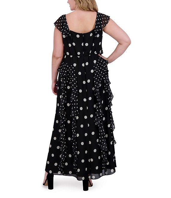 Eliza J Plus Size V Neck Flutter Sleeve Polka Dot Asymmetrical Ruffle Gown Product Image