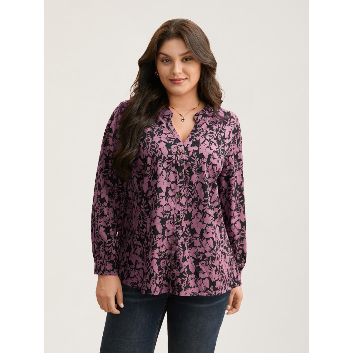 Plus Size BlackFlower Silhouette Floral Print Notched Frill Trim Blouse Women Elegant Long Sleeve Notched collar Everyday Blouses BloomChic 14-16/1X Product Image