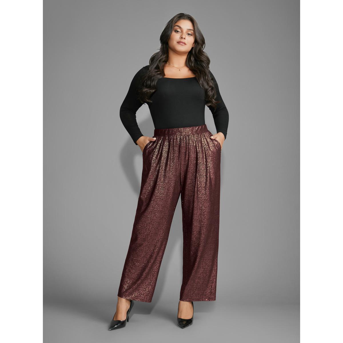 Plus Size Sequin Knit Elastic Waist Holiday Pants Women Burgundy Formal Mid Rise Party Pants BloomChic 12/L Product Image