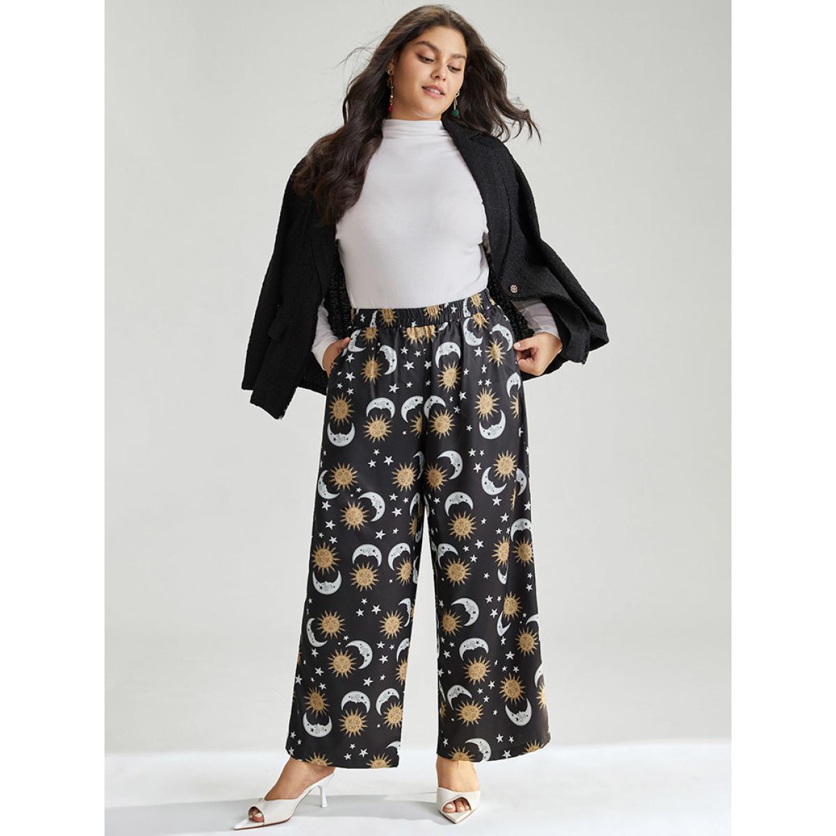 Plus Size Horoscope Print Wide Leg Elastic Waist Pants Women Black Elegant Wide Leg Mid Rise Festival-Christmas Pants BloomChic 28/5X Product Image
