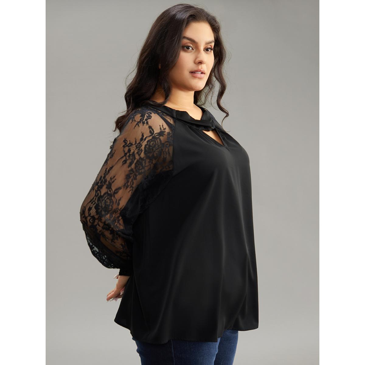 Plus Size Black Anti-Wrinkle Crochet Lace Mesh Keyhole Blouse Women Office Long Sleeve Keyhole Cut-Out Work Blouses BloomChic 28/5X Product Image
