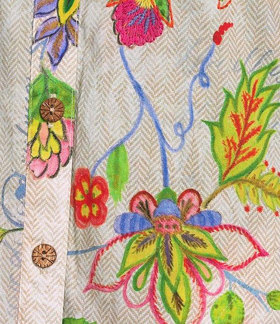 John Mark Embroidered Floral Point Collar Long Roll-Tab Sleeve Button Front Blouse Product Image