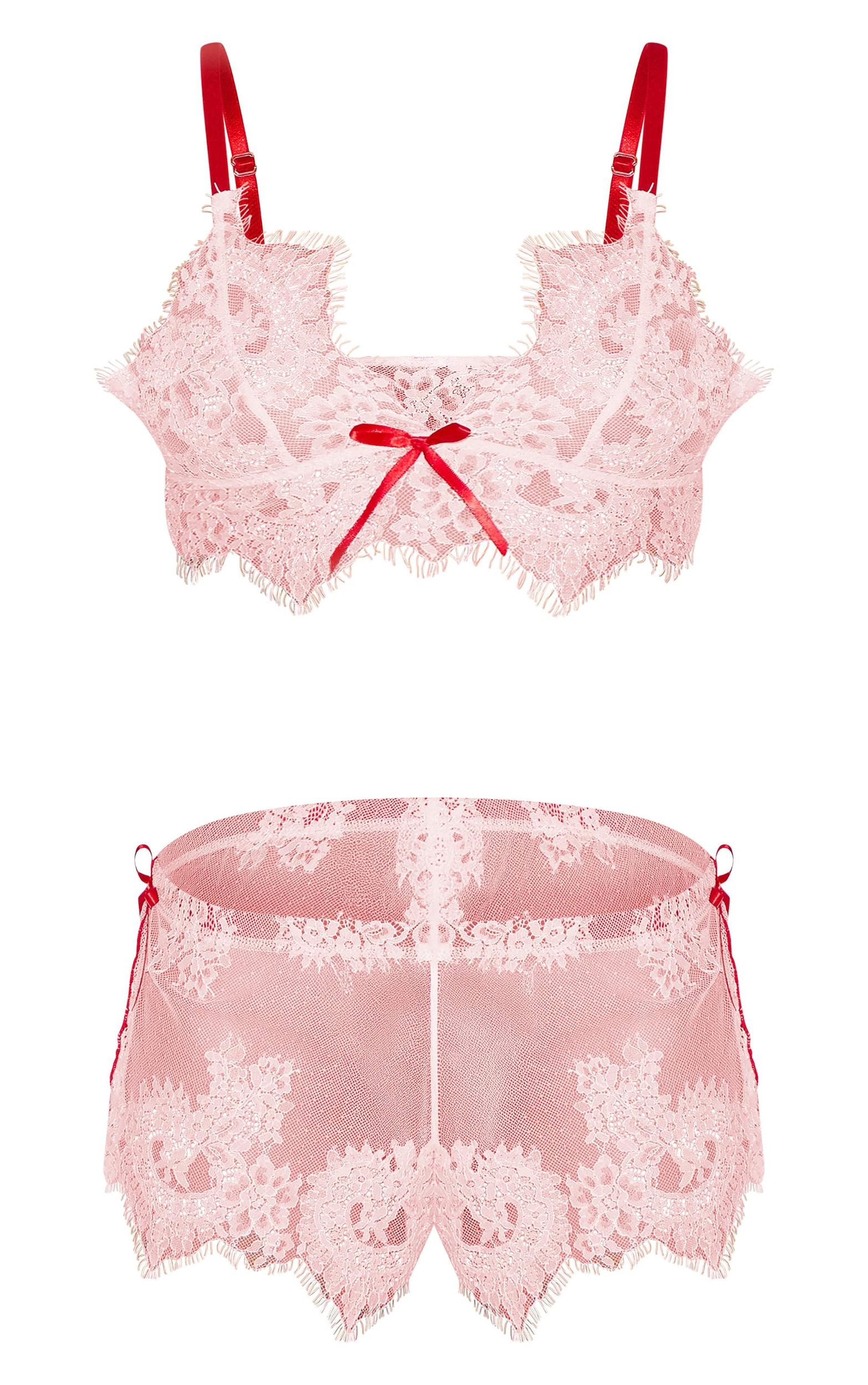 Pink Lace Contrast Trim Bralette Short Pj Set Product Image