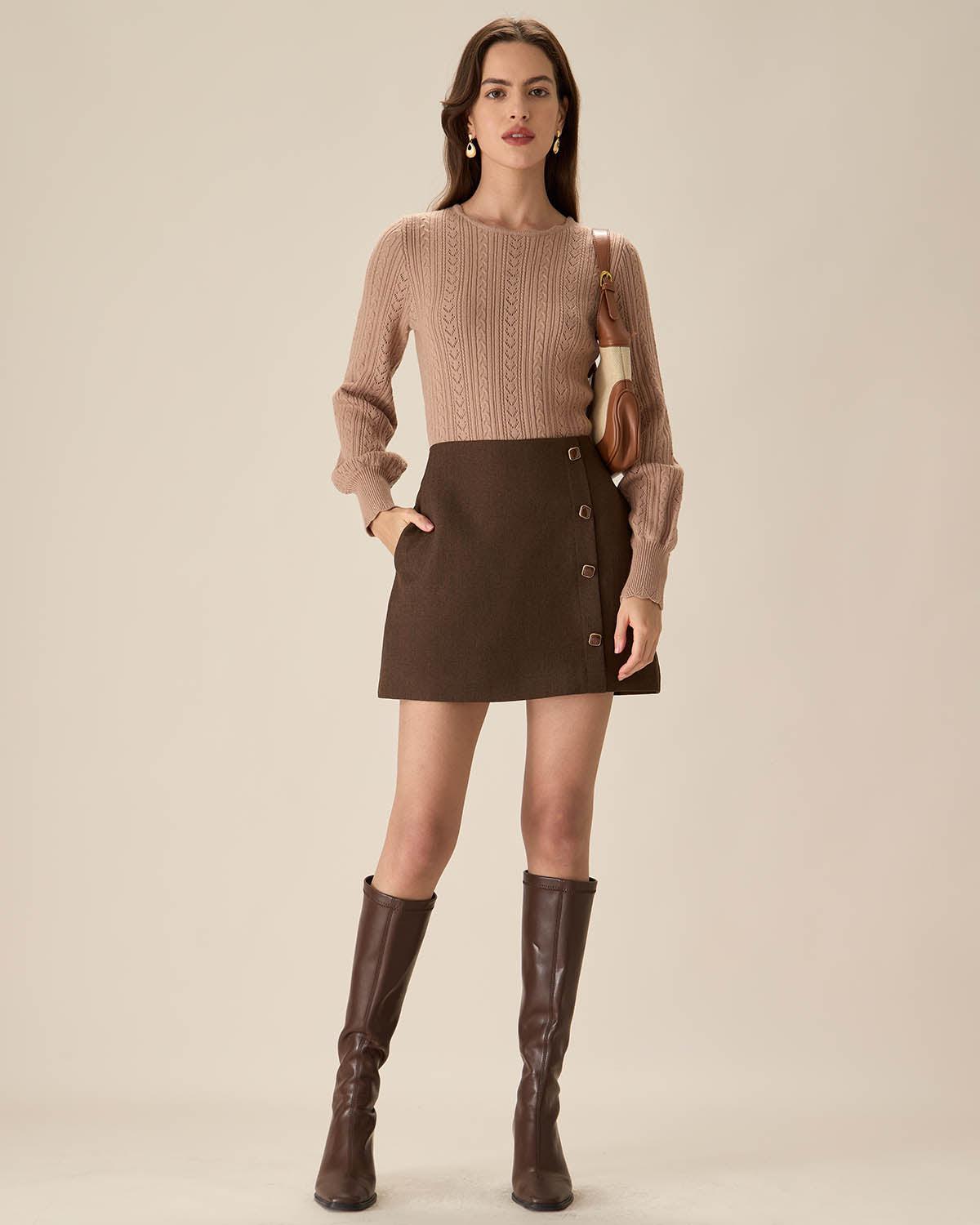 Coffee High-waisted Button Mini Skirt Product Image